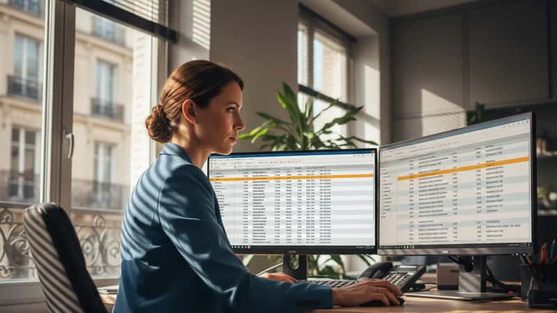 HR manager reviewing overtime calculation spreadsheets at a Wilmington Delaware financial services office workstation