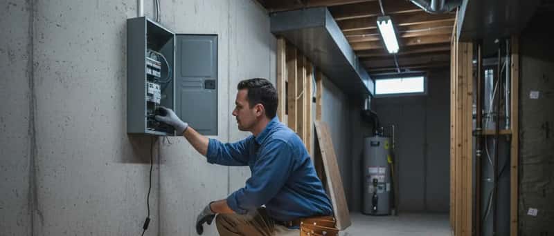 Électricien québécois inspectant un panneau électrique dans le sous-sol d'une maison résidentielle