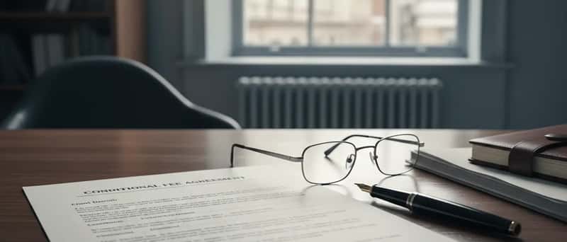 Conditional Fee Agreement paperwork on a solicitor's desk beside reading glasses and a fountain pen