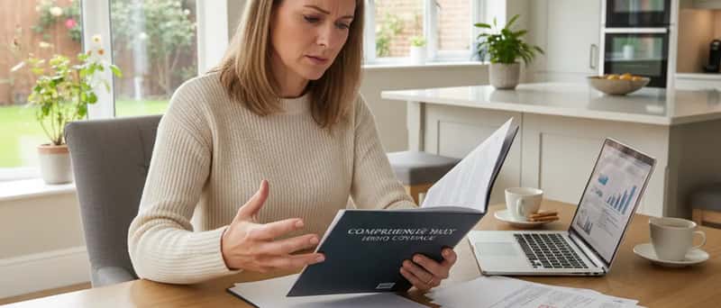 Woman reviewing insurance policy documents at a kitchen table with legal correspondence