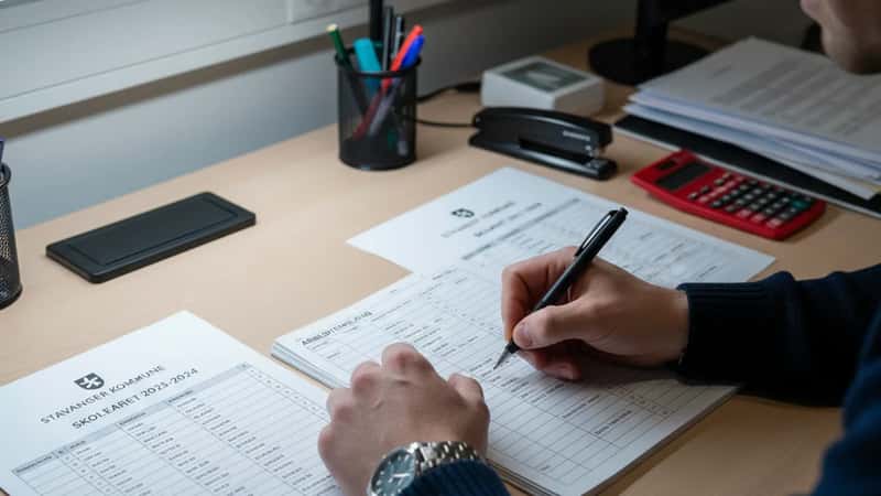 Norsk lærer i Stavanger fører arbeidstidslogg ved skrivebordet