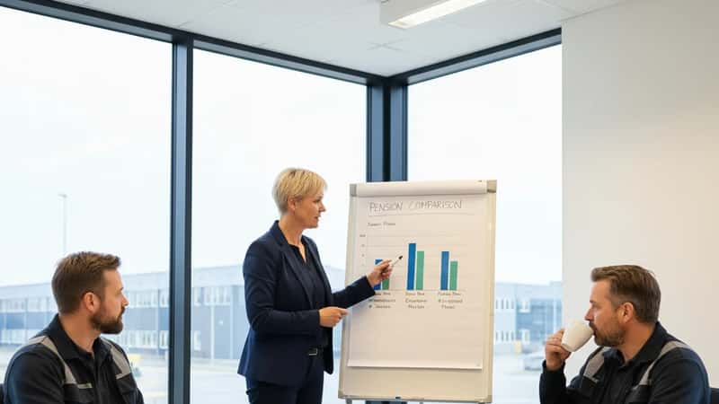 HR-chef i Aalborg præsenterer pensionssammenligning på whiteboard for transportansatte