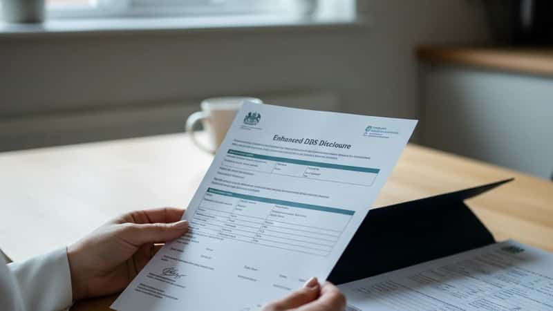 Close-up of a white British woman's hands holding an Enhanced DBS disclosure certificate across a pale wood kitchen table in Birmingham, dark navy document folder open beside it, soft overcast daylight from a nearby window