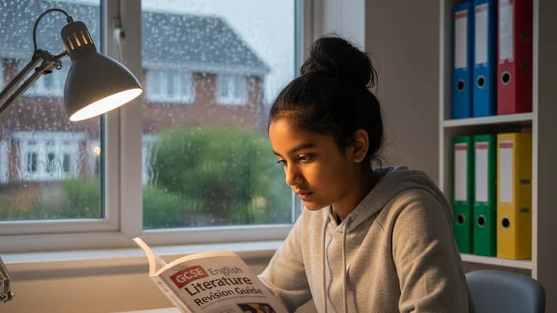 A South Asian British teenage girl studying GCSE revision materials at a desk in Coventry, warm lamp light, school planner and highlighters nearby, focused evening study scene