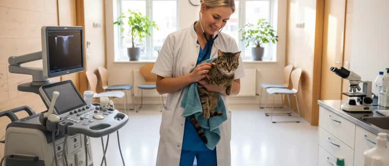 Dyrlæge undersøger en kat på et undersøgelsesbord i en dansk dyreklinik med medicinsk udstyr i baggrunden