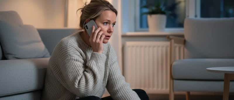 Bekymret hundeejer ringer til vagtdyrlægen fra sit hjem en sen aften med hunden ved sin side