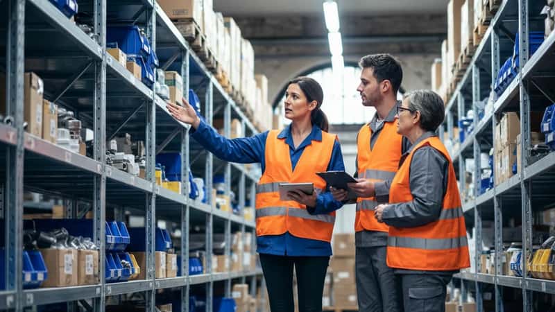 Agent de maîtrise en quincaillerie encadrant son équipe dans un entrepôt de fournitures industrielles à Bordeaux