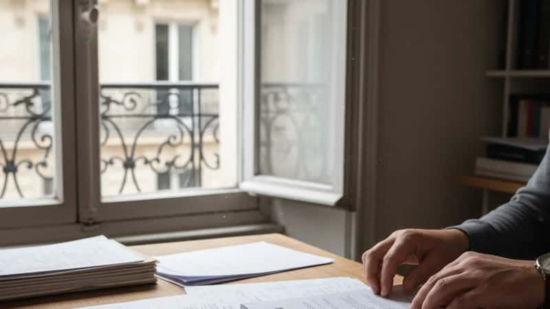 Bulletins de paie et convention collective posés sur un bureau dans un back-office parisien, vérification administrative des droits salariaux