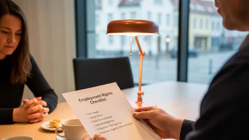 In Trondheim, close-up of Norwegian union representative's hands showing a printed checklist of employment rights to a distressed colleague at a conference table, warm tungsten desk lamp, coffee cups present, mood of supportive guidance and protection
