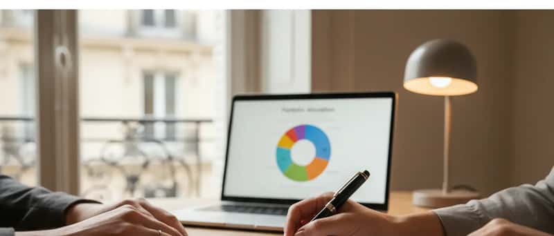 Financial advisor reviewing a printed plan with annotations on an oak desk, laptop showing portfolio data in the background