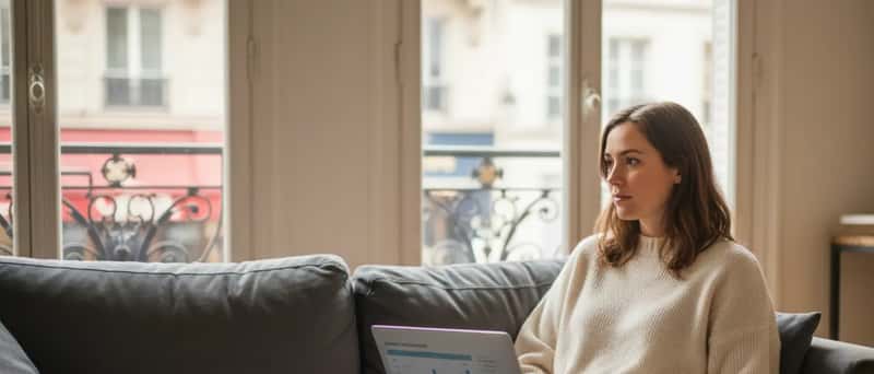 Young woman on a couch at home using a laptop with an investment dashboard, coffee mug and notepad nearby