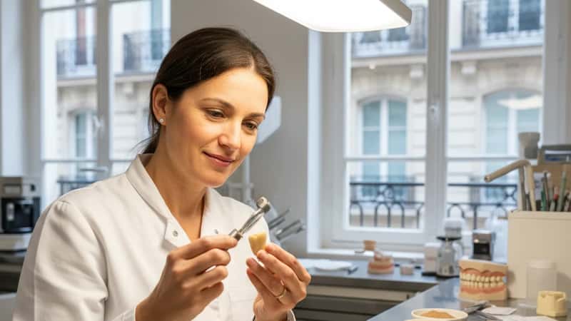 Technicien en prothèse dentaire examinant une couronne céramique sous lumière diffuse dans un laboratoire parisien