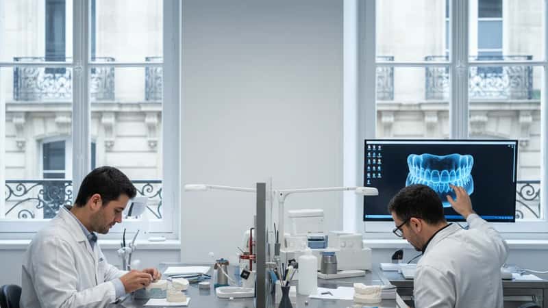 Vue d'ensemble d'un laboratoire de prothèse dentaire moderne à Bordeaux avec deux techniciens en blouse blanche travaillant sur des modèles dentaires numériques
