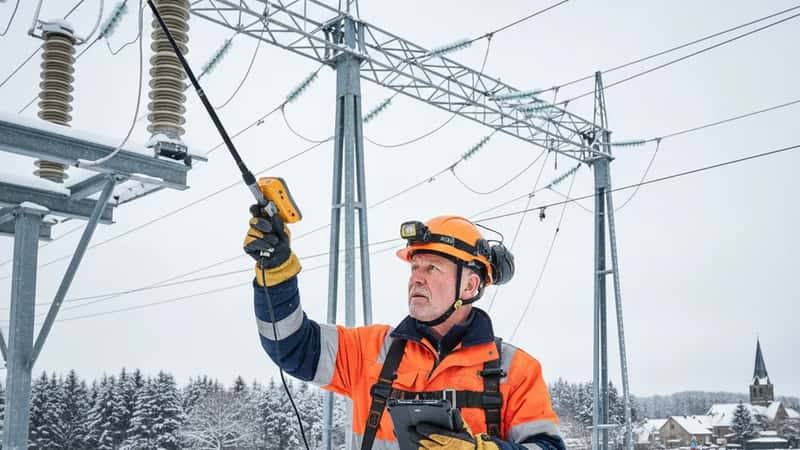 Äldre svensk telekomarbetare i säkerhetsutrustning inspekterar infrastruktur utomhus i nordsvenskt vinterljus
