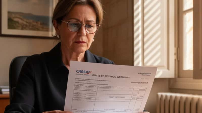 Femme en fin de carrière révisant son relevé de carrière CARSAT dans un bureau à Marseille