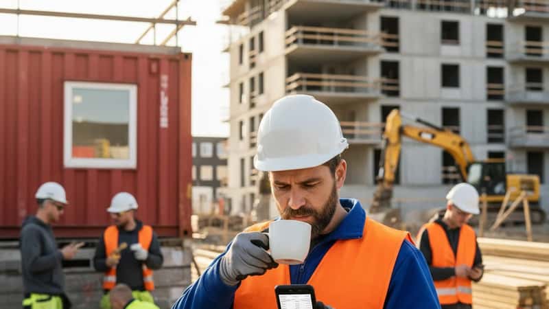 Tømrer i Kolding tjekker sin lønseddel på smartphone ved byggepladsens pauserum