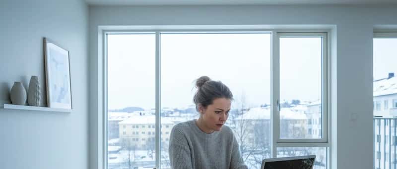 Nordisk kvinne undersøker en defekt bærbar datamaskin ved et spisebord i en lys Oslo-leilighet