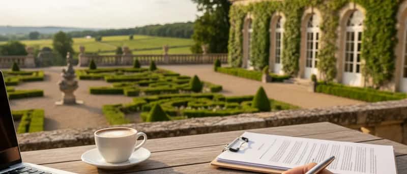 Mãos a analisar um contrato de trabalho português sobre uma secretária de madeira, com caneta apontando para uma cláusula