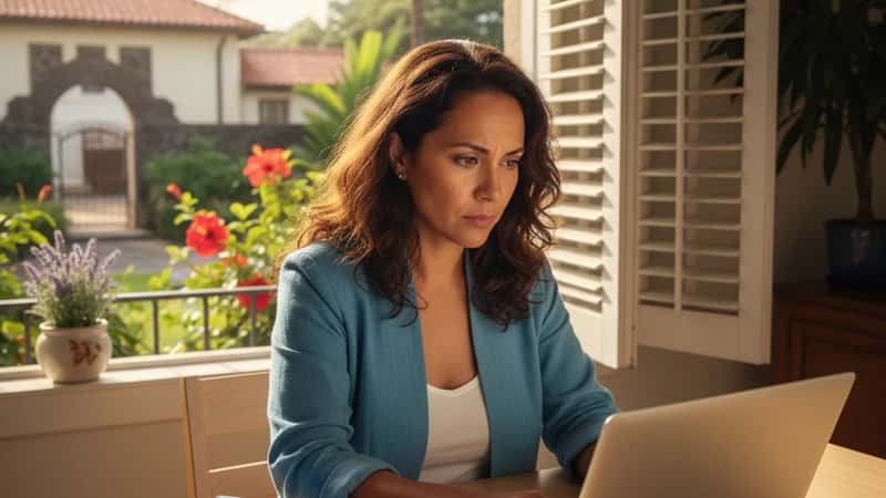 Hawaii worker reviewing employee handbook and paycheck documents at a home office table in Honolulu, researching final paycheck rights