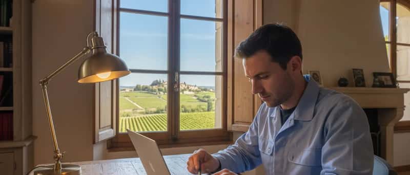 Technicien informatique réparant un ordinateur portable avec des outils de précision sur un bureau en bois