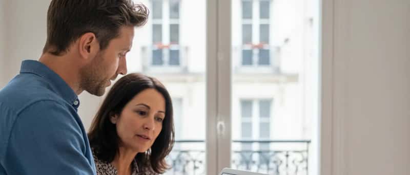 Informaticien à domicile expliquant un diagnostic sur tablette à une cliente dans une cuisine française