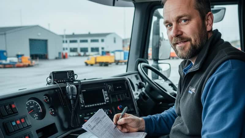 En norsk lastebilsjåfør i kjørerens kupé gjennomgår tachografdata og timeregistrering