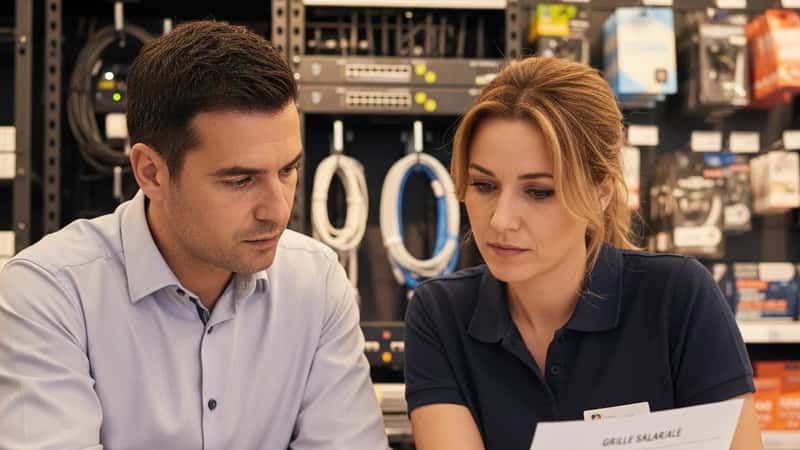 Responsable et salarié d'un commerce de sport discutant d'une grille salariale conventionnelle IDCC 1557