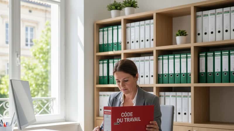 Responsable RH consultant un binder de droit du travail dans une entreprise de commerce de sport