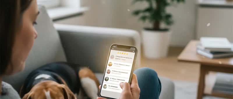 Person vergleicht Tierarztpraxen auf dem Smartphone neben einem schlafenden Beagle auf dem Sofa