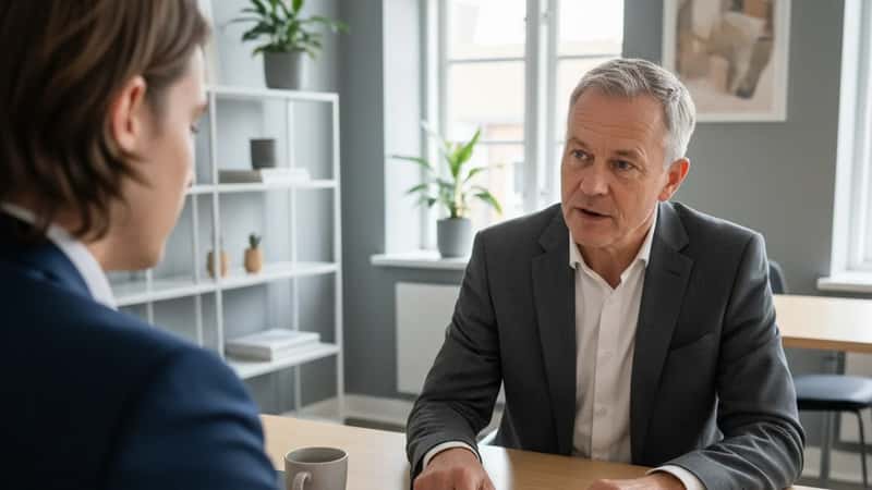 HR-chef i Aalborg logistikvirksomhed forklarer opsigelsesvarselstabel til medarbejder