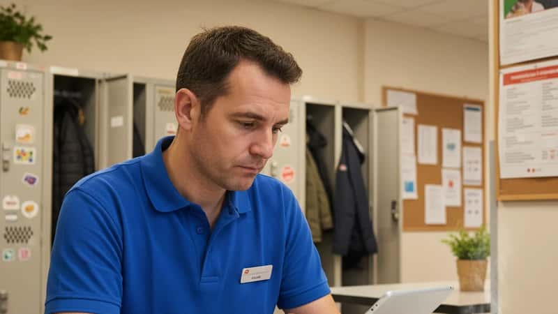 Employé de caisse français consultant sa fiche de paie sur une tablette dans une salle de pause de supermarché