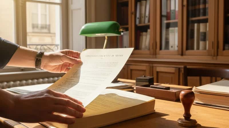 Mains parcourant un accord de convention collective posé sur un bureau administratif avec stylo et tampon officiel