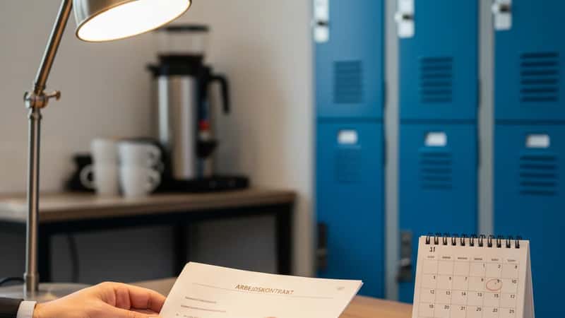 Dansk mand bladrer i trykt overenskomstdokument på et skrivebord med kalender og notater i en logistikterminals pauserum