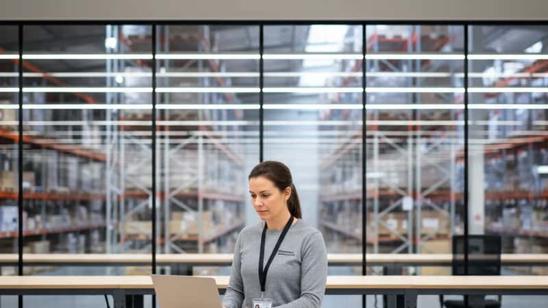 Dansk kvindelig lagerchef i Odense distributionscenter ved computer gennemgår vagtplan med lagerhylder synlige i baggrunden