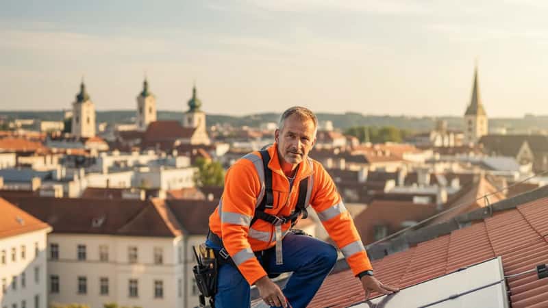 Elektriker in Graz installiert Solarmodule auf einem roten Ziegeldach eines Gründerzeithauses