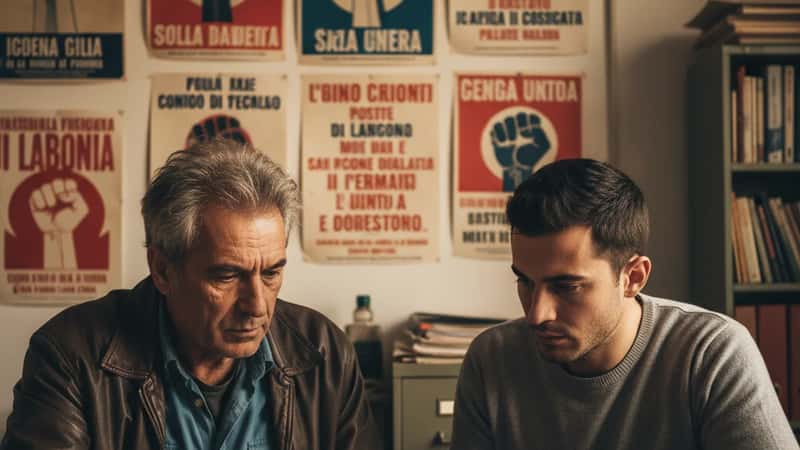 Lavoratore metalmeccanico a Napoli ascolta un delegato sindacale in un ufficio sindacale con una lettera di licenziamento sul tavolo
