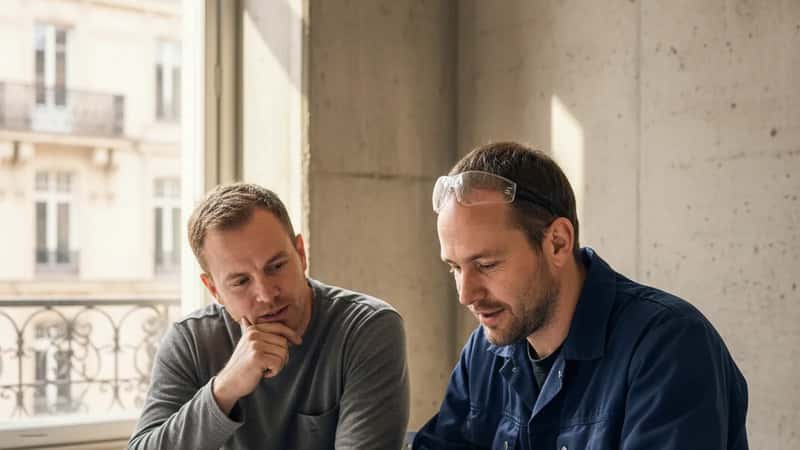 Två VVS-montörer i Malmö diskuterar löneökning och kollektivavtal i ett pausrum