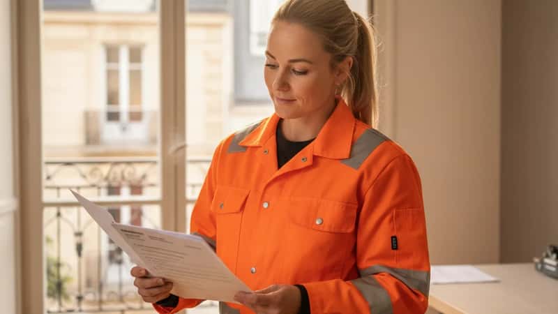 Ung kvinnlig VVS-montör granskar värmepumpscertifiering och installationsdokument i Uppsala