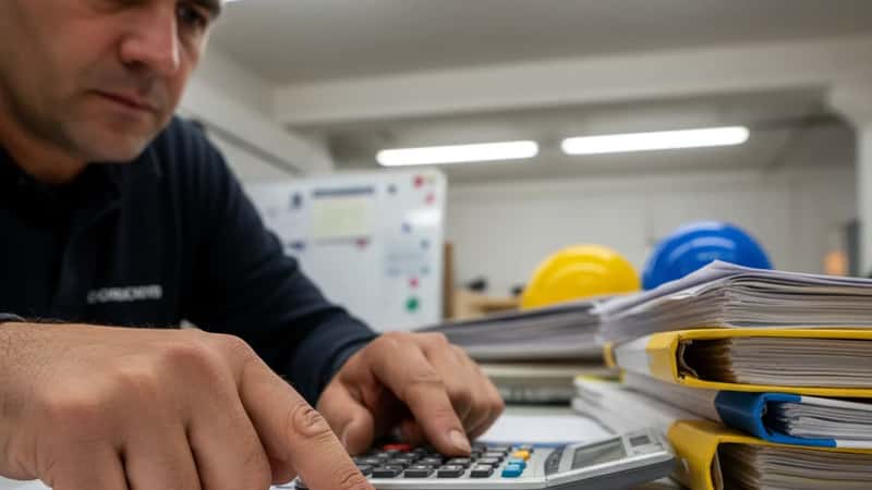 Un lavoratore edile italiano consulta la busta paga con calcolatrice in un ufficio di cantiere a Torino