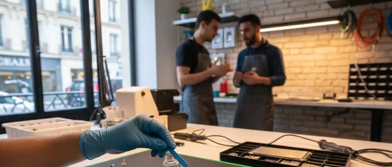 Tekniker åbner en iPhone med præcisionsværktøj i et dansk reparationsværksted