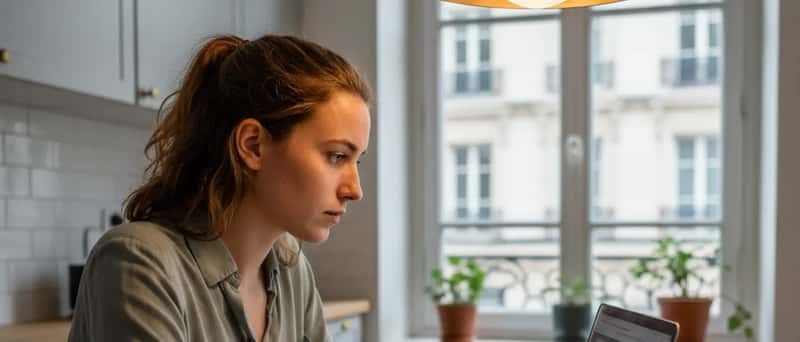 Dansk kvinde sammenligner reparationstilbud på laptop ved køkkenbord med knust telefon