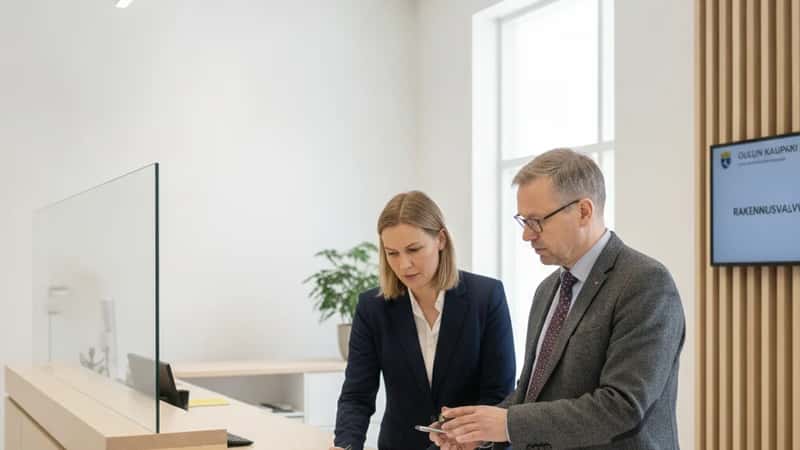 Rakennustarkastaja ja suomalainen asiakas neuvottelevat rakennusluvasta kunnan toimistossa Oulussa
