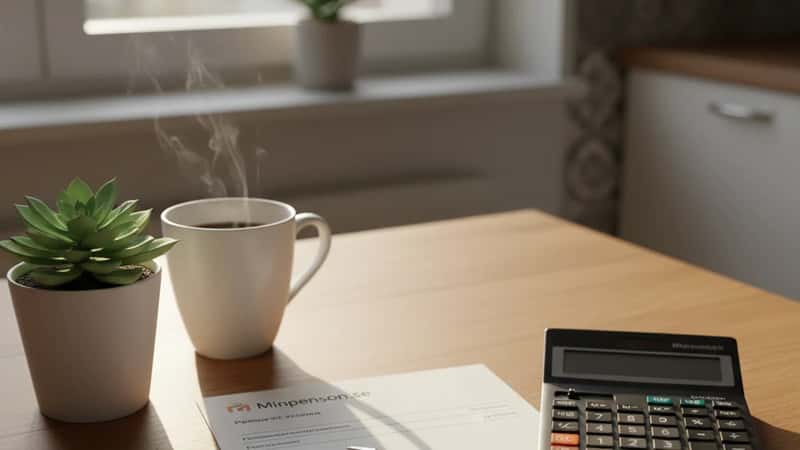 Pensionsutdrag från Minpension.se med beräkningar och penna på köksbord för framtidsplanering