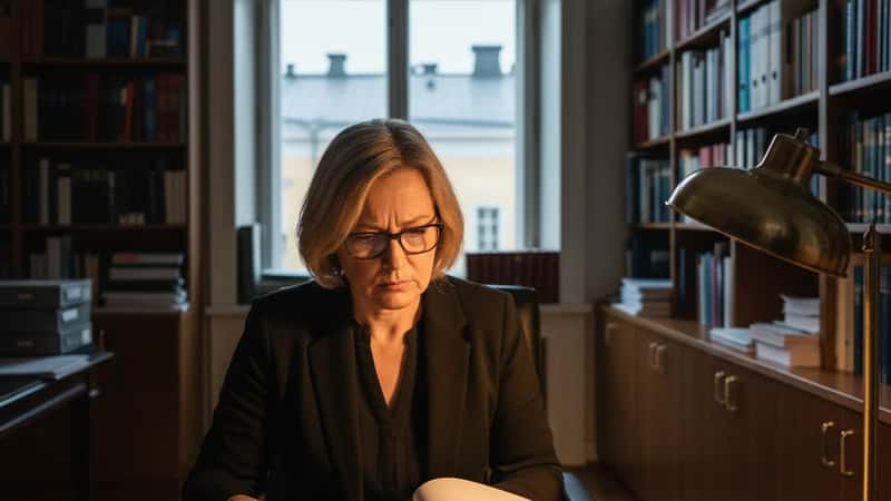 Turkulainen lakimies tutkii työsopimusta toimistossaan, pöytälampun lämmin valo