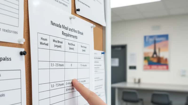 Reno Nevada break room bulletin board displaying Nevada meal and rest break requirements chart, hand pointing to 10-minute rest break row