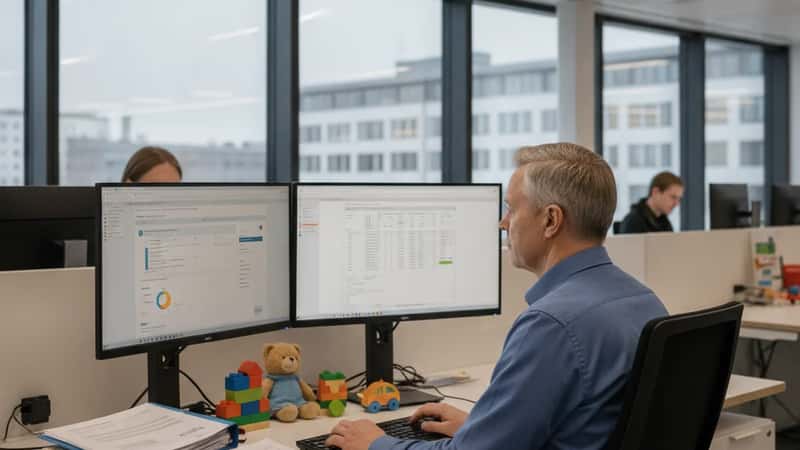 Tamperelainen tuoteturvallisuuspäällikkö tarkastelee Safety Gate -portaalia tietokoneella, lelunäytteet pöydällä