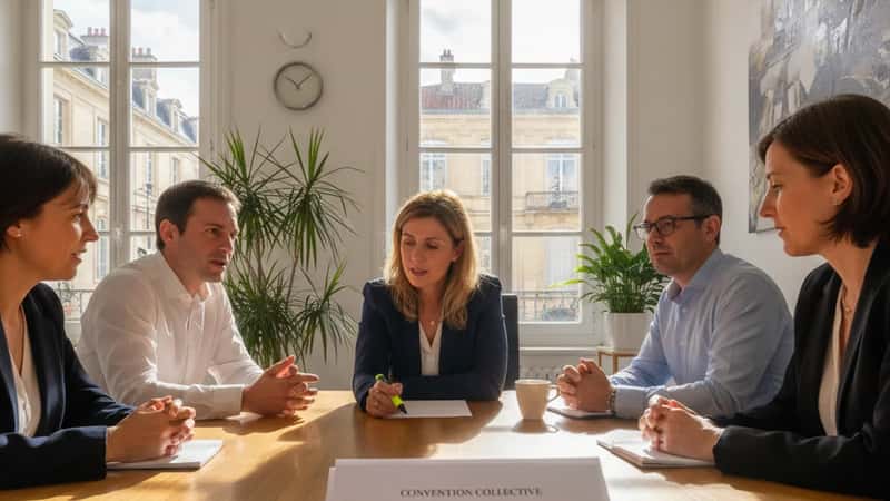 Groupe de salariés français réunis autour d'une table dans une PME de Bordeaux pour examiner un accord collectif, l'un d'eux soulignant une clause du document
