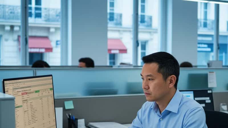 Illinois payroll manager reviewing departing employee file in a Schaumburg office