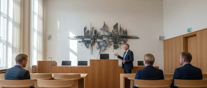 Norsk rettsal med trepanel og dommerpodium i et skandinavisk tinghus