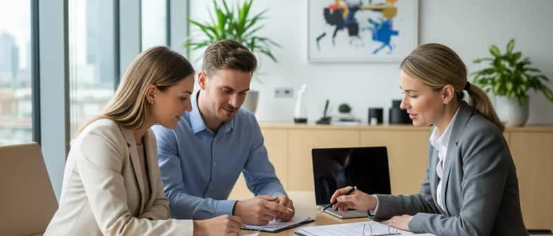 Couple reviewing house purchase documents with a conveyancing solicitor in a British law office